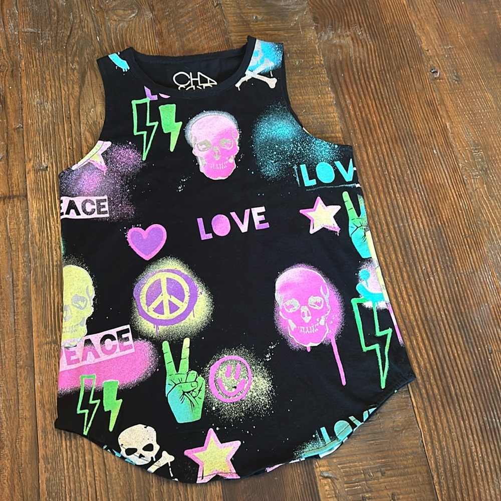 Chaser Neon - Splatter - Skull - Peace- love - Graphic Tank - Girls Sz 14 New